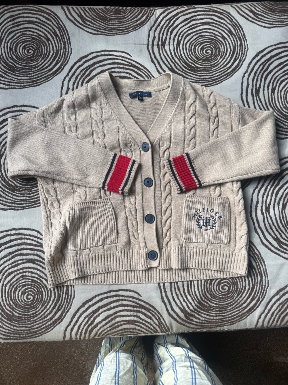 Tommy Hilfiger Beige Cable-Knit Cardigan with Red & Navy Trim
